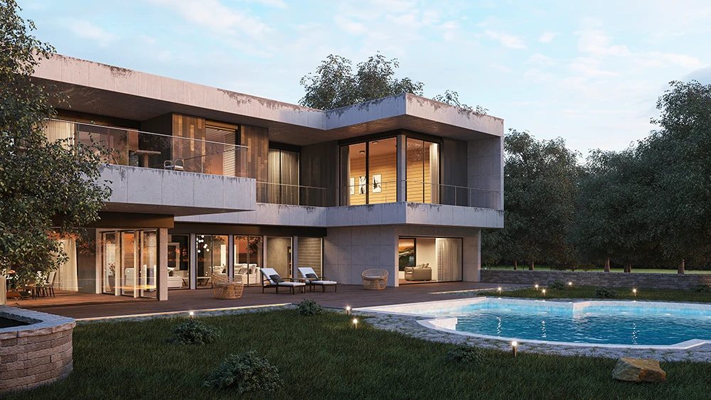 Rendering architettonico - illuminazione al tramonto - vista 2