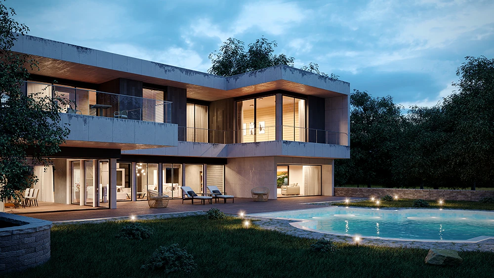 Rendering architettonico - illuminazione serale - vista 3