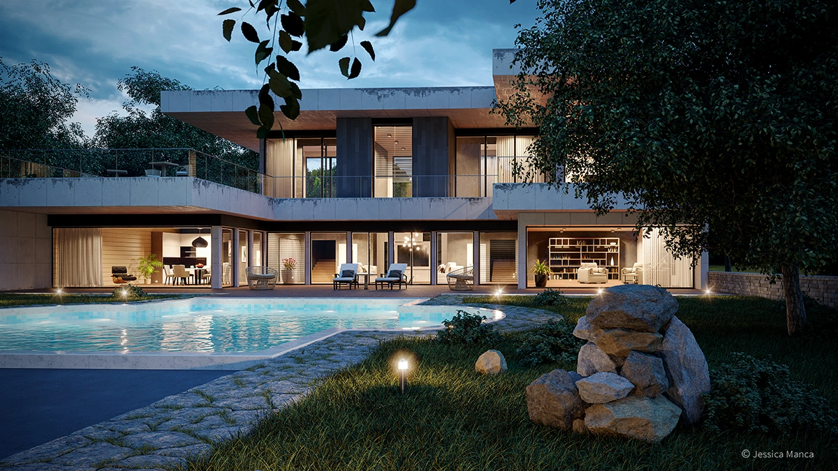 Rendering del progetto Spazi abitativi nella natura - vista 3